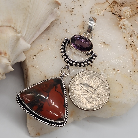 Natural Natural Amethyst Stone Purple Quartz/Jasper Crystals Silver 925 Pendant - Picture 3 of 9